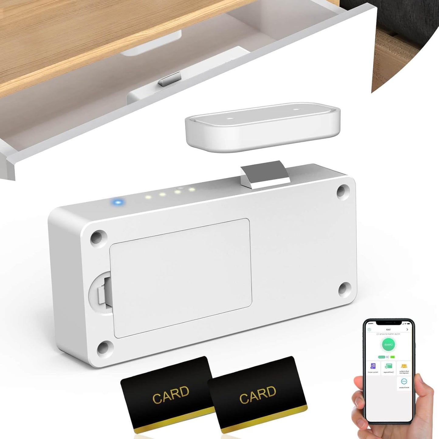 Fechadura de armário inteligente, fechaduras de gaveta magnéticas adesivas ocultas sem perfuração à prova de crianças, fechaduras de armário sem chave RFID Bluetooth para adultos, armário de cozinha, armário de bebidas - Branco